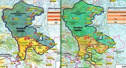 Обстановка в районе проведения миротворческой операции по состоянию на 14 декабря (слева) и 13 декабря 2020 г. Нагорный Карабах. Коллаж "Кавказского узла", http://mil.ru/russian_peacekeeping_forces/infograf/.htm