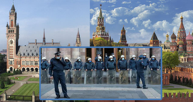 Гаагский суд, Московский кремль, сотрудники полиции возле здания парламента в Ереване. Коллаж "Кавказского узла". Фото: Ivan Smelov. https://ru.wikipedia.org Yeu Ninje, Тигран Петросян для "Кавказского узла"