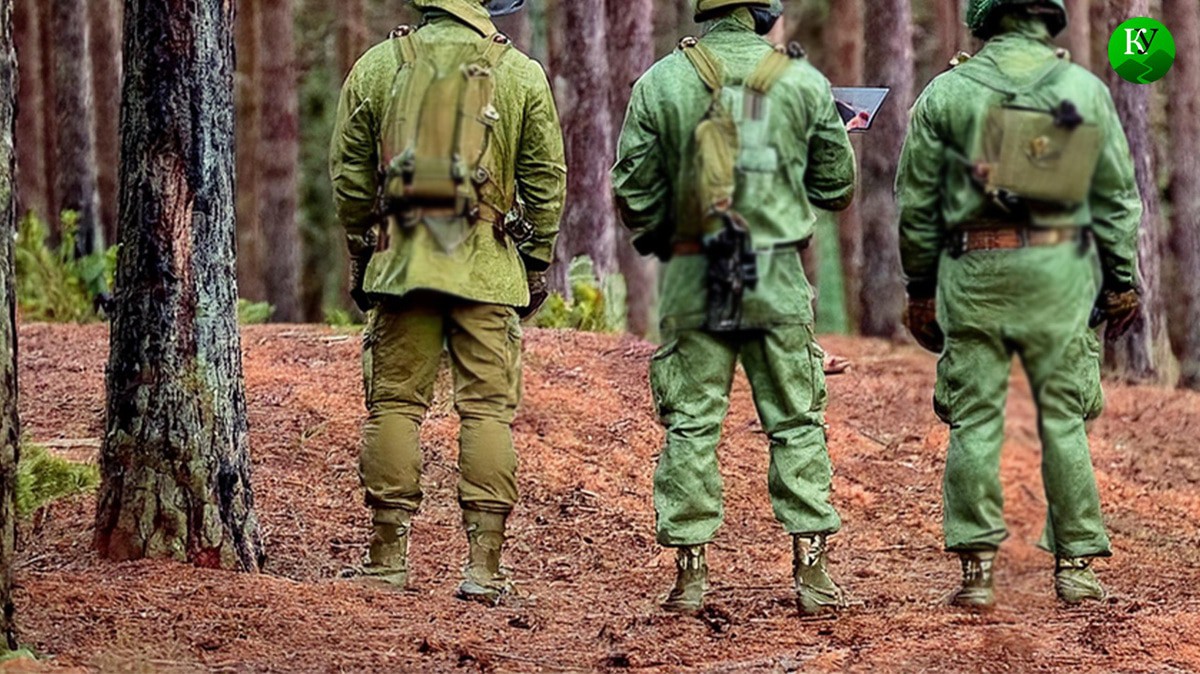 Военные стоят в лесу. Иллюстрация создана «Кавказским узлом» с помощью ИИ в программе Photoshop