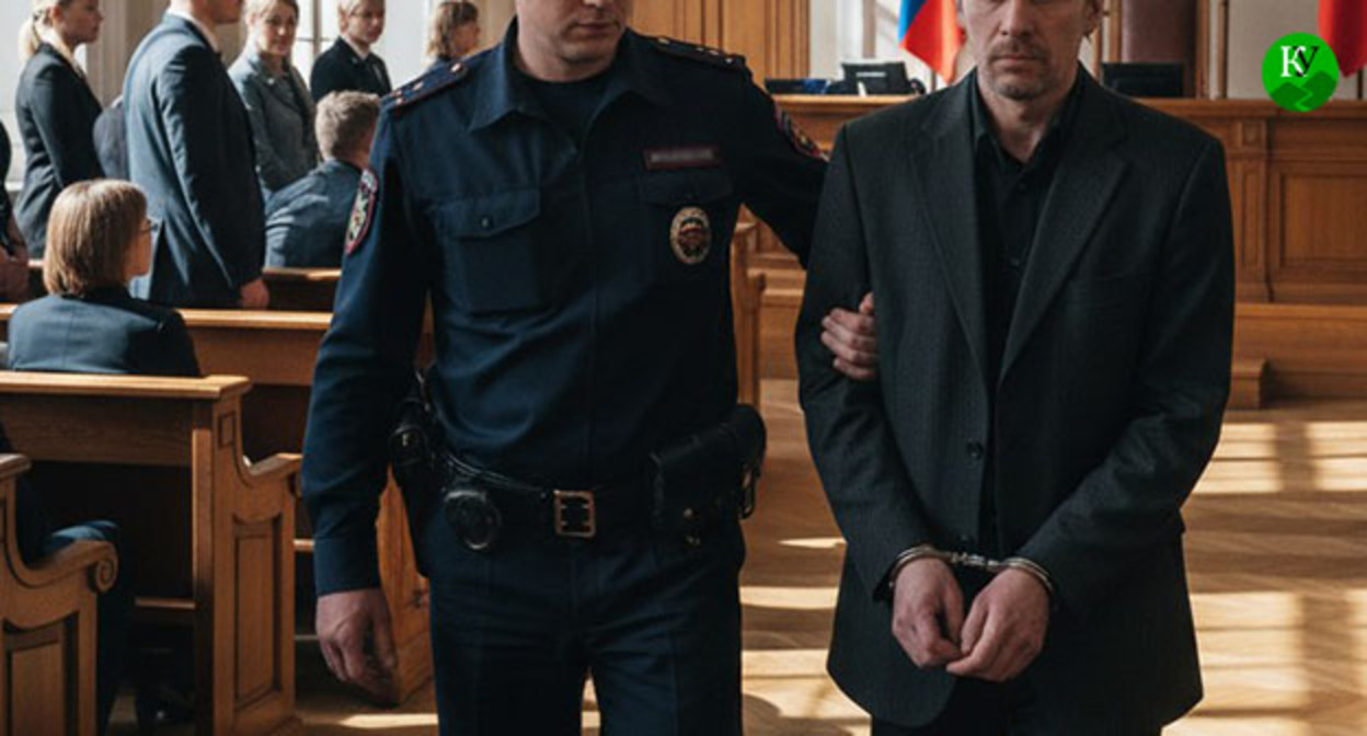 Сотрудник полиции ведет мужчину в наручниках в зале суда. Иллюстрация создана "Кавказским узлом" при помощи ИИ в программе Copilot Сотрудник полиции ведет мужчину в наручниках в зале суда. Иллюстрация создана "Кавказским узлом" при помощи ИИ в программе Copilot